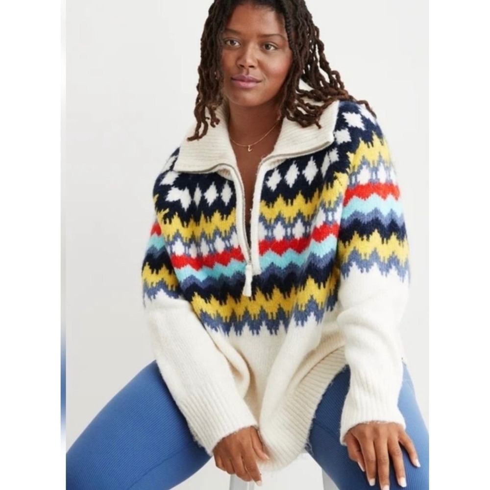 Aerie Fair Isle Quarter Zip Sweater Large Cream Multi Color Geometric Knit L